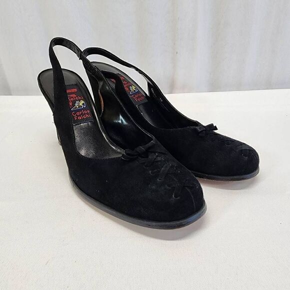 Carlos Falchi Vintage Slingback Heels Black Suede Pumps Size 7 - Picture 1 of 11